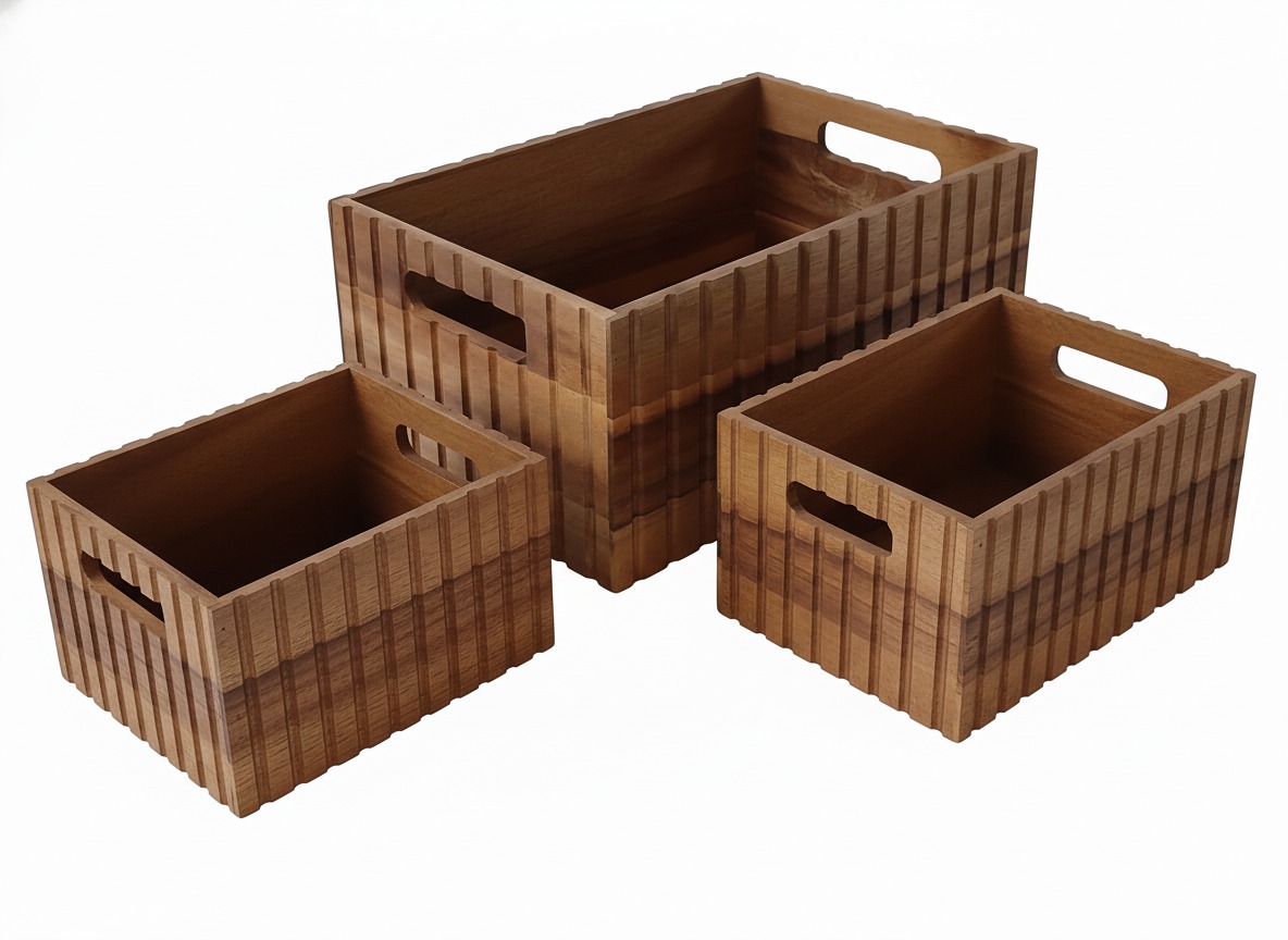 Acacia Wood Fluted Storage Bins with Cut-out Handles - Versatile